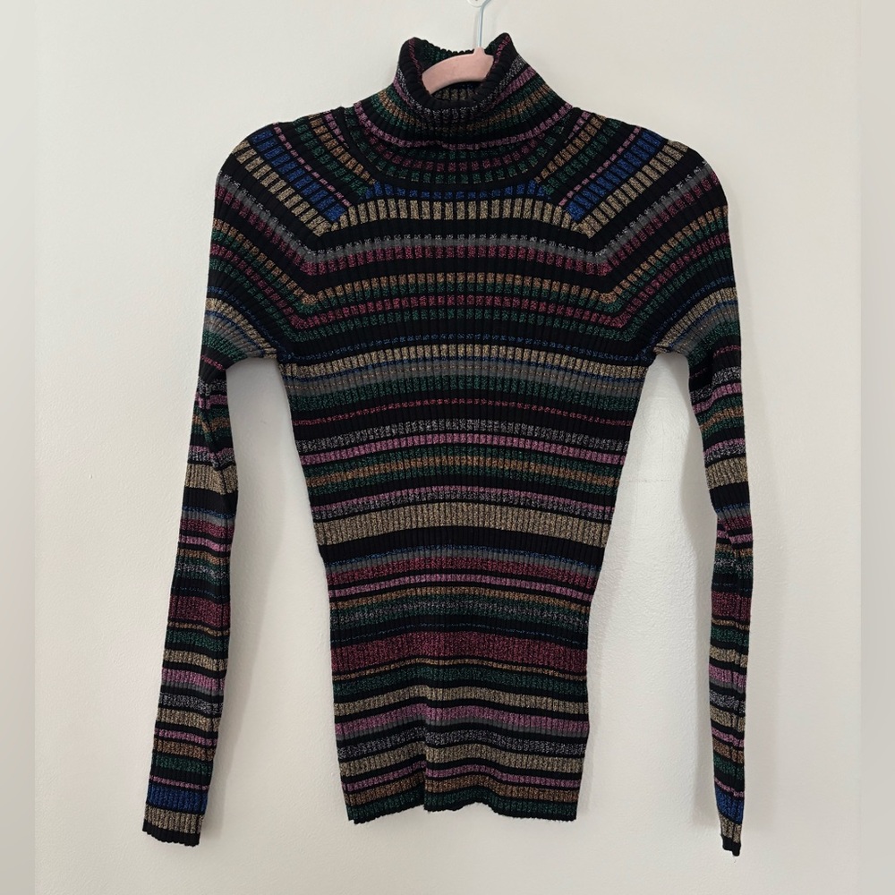Milly Black Metallic Color Striped Turtleneck Ribbed Sweater Size Small